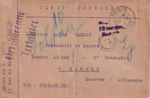 Frankreich - Paris 26.8.18 Kriegsgefangenenkarte n. Hameln Irrläufer Zensur