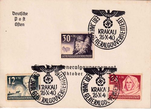 Gen. Gouv. - 1 J. Gen. Gouvernement 3 Werte Sonderkarte + ESST Krakau 26.10.40