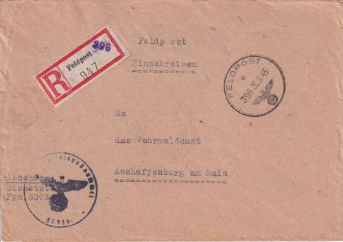 DR - Fp.Nr. 33936 (Fahrkol. 690) Feldpost-Einschreibebrief n. Aschaffenburg 1943