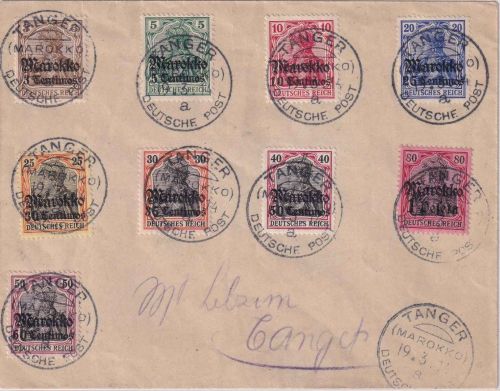DP Marokko - Ausgabe 1911 3 C. bis 1 Peseta Blankoumschlag Tanger 19.3.14