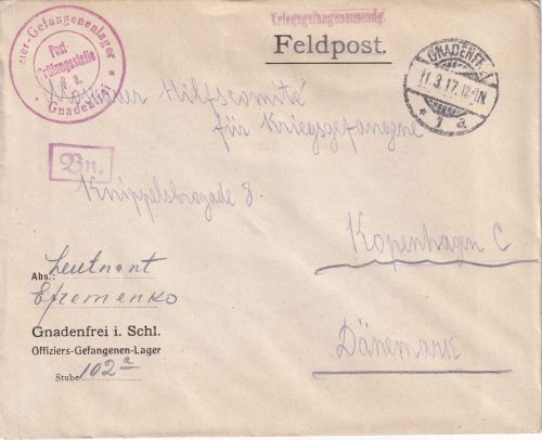 DR - Gnadenfrei 11.3.17 Kriegsgefangenenbrief (Vordruck) n. DÄNEMARK