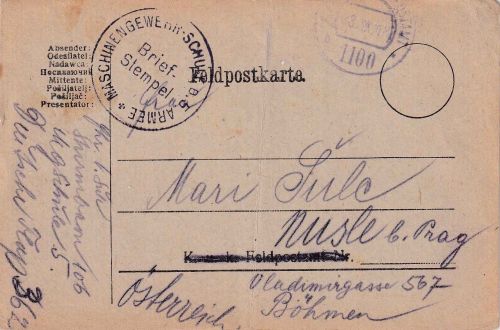 DR/Österreich - Feldpostkarte (Dt. FP 362) ü. österr. FPA 1100 28.9.18 n. Nusle