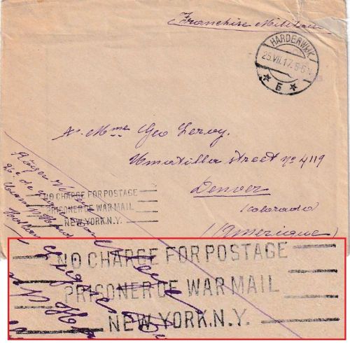 Niederlande - Harderwijk 25.7.17 Interniertenbrief n. USA US-Hinweisstpl. !