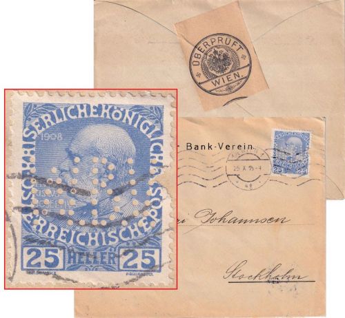 Österreich - 25 H. Franz-J. Perfin "WBV" Brief n. SCHWEDEN Wien 25.10.15 Zensur