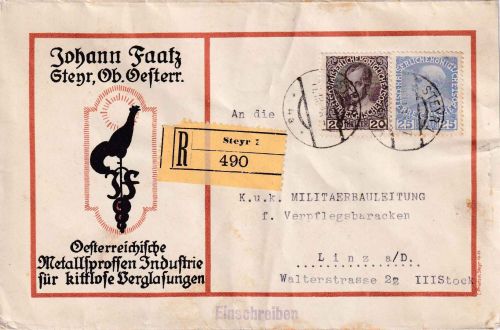 Österreich - 25+20 H. Reg. Jubiläum illustr. Einschreibebrief Steyr - Linz 1916