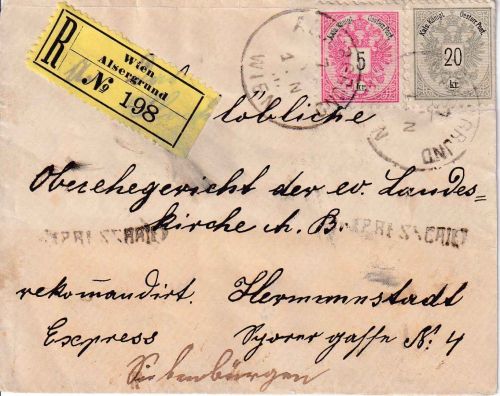 Österreich - 20+2x5 Kr. Doppeldaler Eil-Einschreibebrief n. RUMÄNIEN Wien 1890