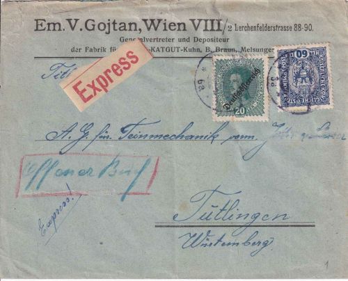 Österreich - 60 H. Wappen u.a. Eilbrief Wien - Tuttlingen 1919