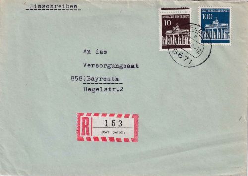 BRD - 100+10 Pfg. Brandenburger Tor Einschreibebrief Selbitz - Bayreuth 1968