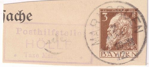 Bayern - Hölle Taxe Marxgrün Posthilfstellen-Ra3 GA-Ausschnitt 1912 selten !