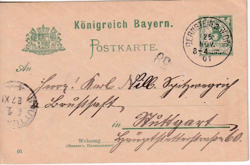 Bayern - Bernstein a.W. 25. NOV 01 seltener K1 5 Pfg. Ganzsachenkarte