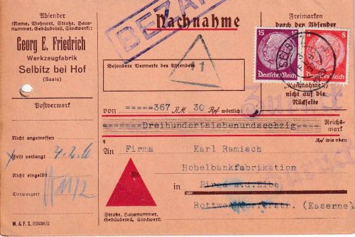 DR - 15+8 Pfg. Hindenburg Nachnahme-Drucksachenkarte Selbitz - Pirna 1937