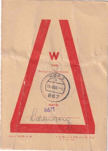 BRD - Hof 2 1966 Vorbundzettel nach Lichtenberg