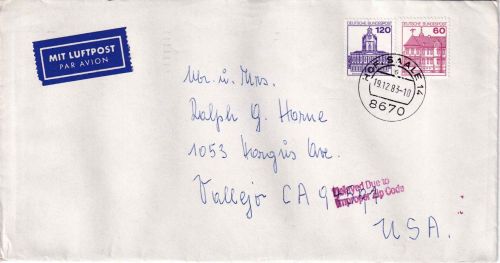 BRD - 120+60 Pfg. B&S Luftpostbrief n. USA Hof (Saale) 14 - Vallejo 1983