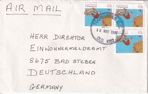 Australien - 3x43 C. Skatebording Luftpostbrief Toowoomba - Bad Steben 1991