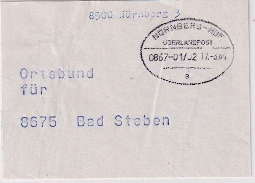 BRD - Nürnberg/Hof Überlandpost 0867-01/02 Vorbundzettel Bad Steben 1984