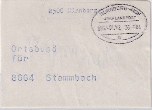BRD - Nürnberg/Hof Überlandpost 0867-01/02 Vorbundzettel Stammbach 1984