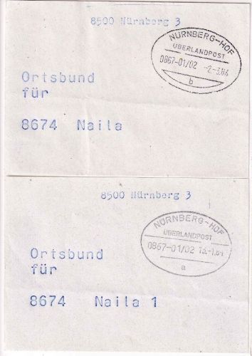 BRD - Nürnberg/Hof Überlandpost 0867-01/02 zwei Vorbundzettel Naila 1984