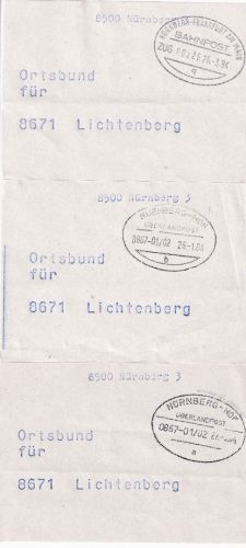 BRD - Nürnberg/Hof/FFM Überlandpost drei Vorbundzettel Lichtenberg 1984