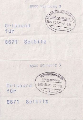 BRD - Nürnberg/Hof/FFM Überlandpost drei Vorbundzettel Selbitz 1984