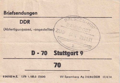 DDR - Dresden/Hof Bahnpost Zug 0434 Vorbundzettel Stuttgart 1991