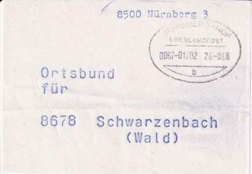 BRD - Nürnberg/Hof Überlandpost 0867-01/02 Vorbundzettel Schwarzenbach 1986