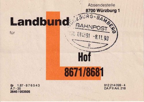 BRD - Würzburg/Bamberg Bahnpost Zug 014391 Vorbundzettel Hof 1990