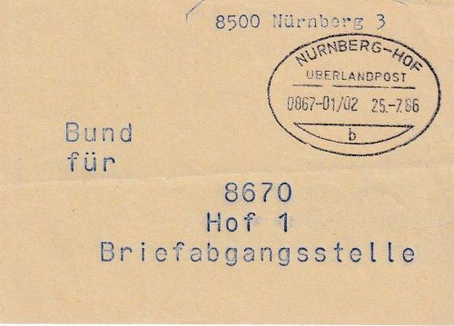 BRD - Nürnberg/Hof Überlandpost 0867-01/02 Vorbundzettel Hof 1 1986