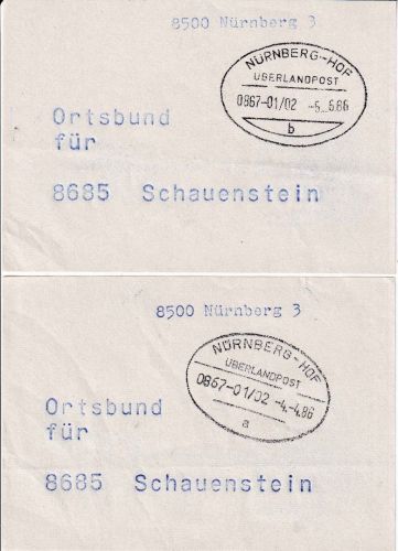 BRD - Nürnberg/Hof Überlandpost 0867-01/02 zwei Vorbundzettel Hof 1 1986