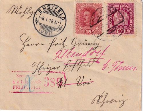 Österreich - 15 H. Kaiser Karl ua. Zensurbrief i.d. SCHWEIZ Sulz-Röthis 26.12.17