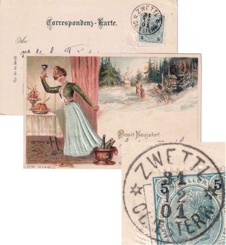 Österreich - Zwettl Ob.Oesterr. 31.12.01 farb. Neujahr-Prägekarte n. Linz