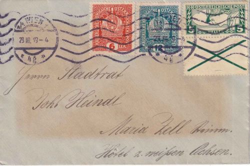 Österreich - 5 H. Eilmarke/Andreaskreuz u.a. Brief Wien - Maria Zell 1919