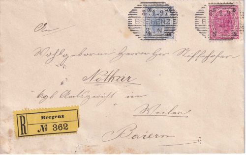 Österreich - 10+5 Kr. Franz-J. Einschreibebrief Bregenz - Weiler 1897