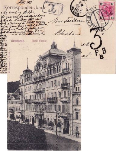 Österreich - 10 H. Franz-J. Karte n. ENGLAND Marienbad 1905 Nachporto