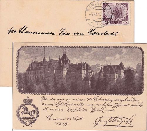 Österreich - 3 H. Kriegswitwen Danksagungskarte Gmunden - Walsrode 1915