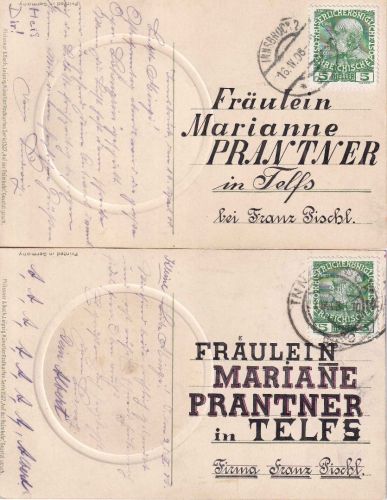 Österreich - Innsbruck 1908 2 Künstlerkarten n. Telfs - Anschrift !