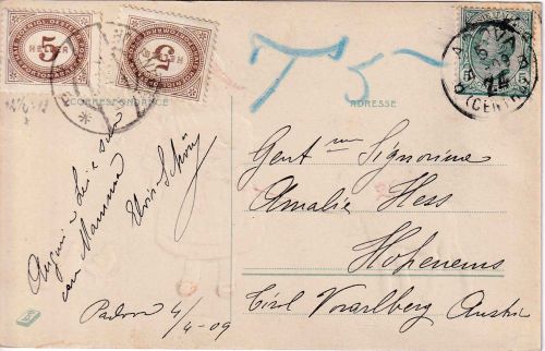 Italien/Österreich - Padua 1908 Karte n. ÖSTERREICH (Hohenems) Nachporto