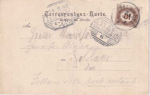 Österreich - Marienbad 1903 unfrank. Karte n. Zell a.S./poste restante Nachporto