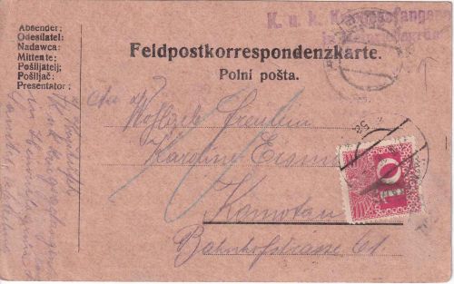Österreich - Heinrichsgrün 1916 Kriegsgefangenenkarte n. Komotau Nachporto