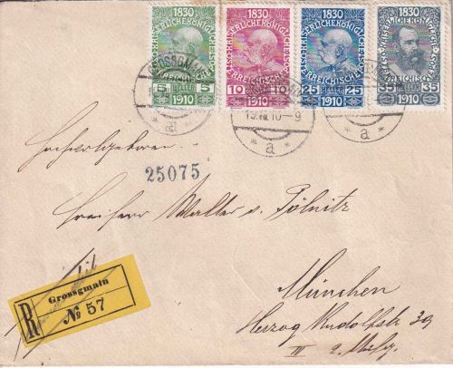 Österreich - 35+25+10+5 H. 80. Geburtstag Einschreibebrief Grossgmain 19.8.1910