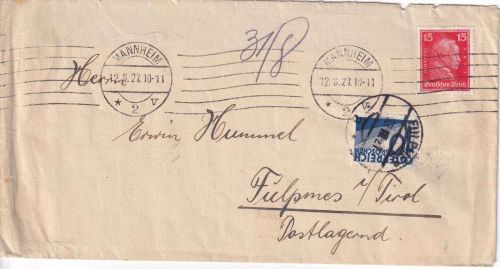 DR/Österreich - 15 Pfg. Kant Brief Mannheim - Fulpmes/postlagernd 1927