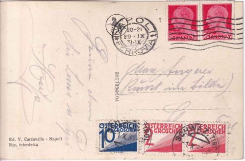 Italien/Österreich - 2x20 C. Cäsar Karte Neapel - Schwaz 1931 Nachporto