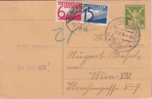 Tschechien/Österreich - 50 H. Ganzsachenkarte Bärn - Wien 1926 Nachporto