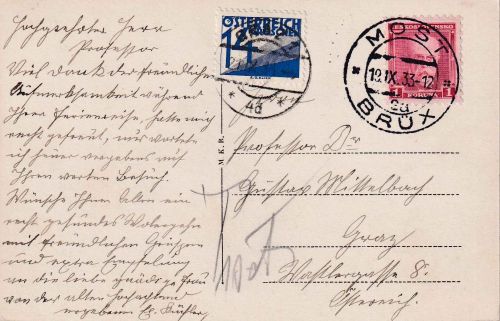 Tschechien/Österreich - 1 K. Masaryk Karte Brüx - Graz 1933 Nachporto