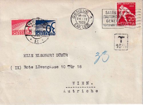 Schweiz/Österreich - 20 Rp. Juventute Brief Genf - Wien 1933 Nachporto