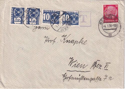 DR/Österreich - 12 Pfg. Hindenburg Brief Berlin - Wien 4.3.38 Nachporto