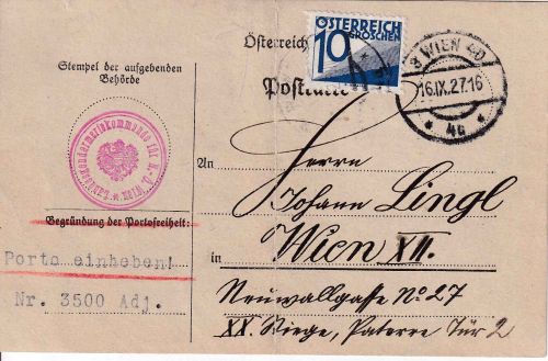 Österreich - Wien 1927 unfreie Ortskarte m. Nachporto