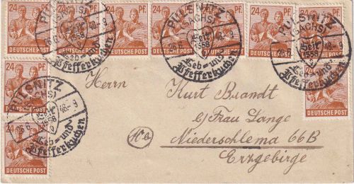All.Bes./Währungsreform - 10x24 Pfg. Arbeiter Brief Pulsnitz 26.6.48