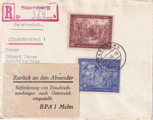 All.Bes. - 60+24 Pfg. Leipziger Messe Einschreibebrief n. ÖSTERREICH 1948 Retour