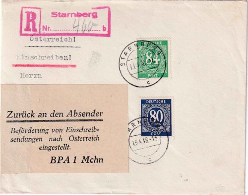 All.Bes. - 80+84 Pfg. Ziffer Einschreibebrief n. ÖSTERREICH 1948 Retour