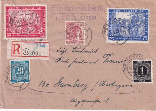 All.Bes. - 75 Pfg. Leipziger Messe ua. Einschreibebrief/Rückschein Eisenach 1948